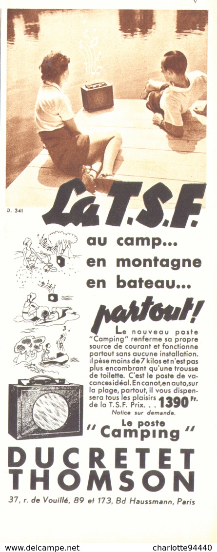 PUB LE POSTE CAMPING   " DUCRETET THOMSON "   1937 - Sonstige & Ohne Zuordnung