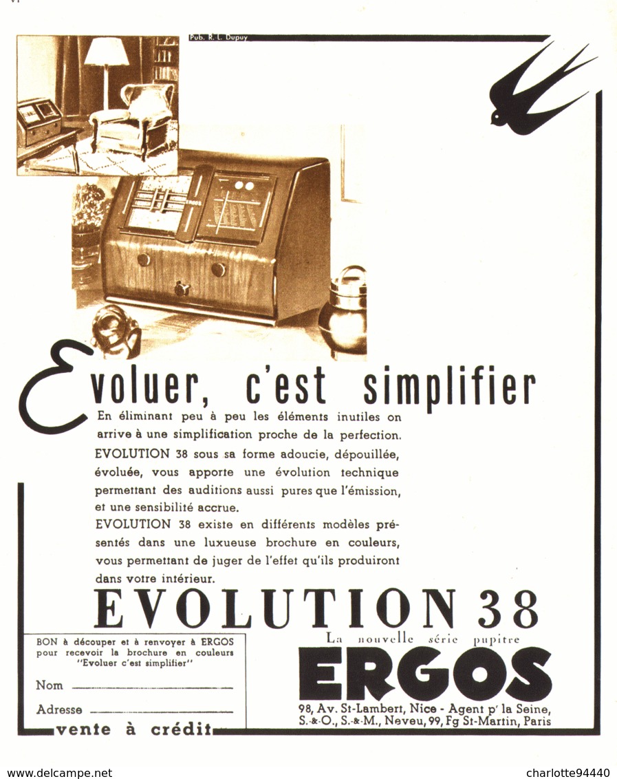 PUB RADIO  EVOLUTION 30   " ERGOS  "  1937 - Appareils