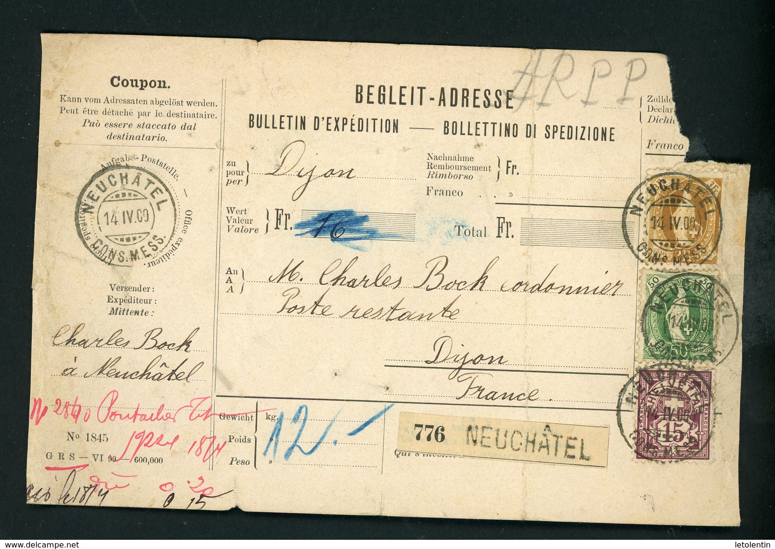 SUISSE - N° Yvert 80 + 77 + 70  SUR BULLETIN D'EXPEDITION DE NEUCHATEL DU 14/IV/00 POUR LA FRANCE (DIJON) - Cartas & Documentos