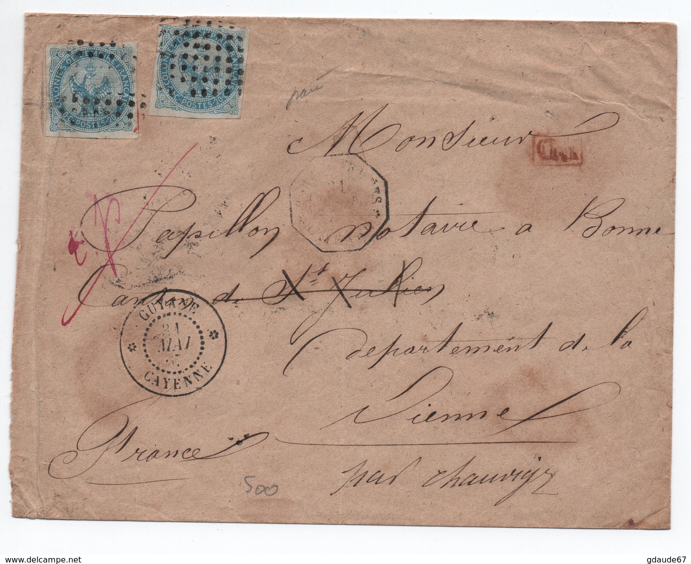 1867 - ENVELOPPE DOUBLE TARIF MILITAIRE De CAYENNE (GUYANE) Avec TàD CORPS D'ARMEES & AIGLE N° 4 X2 -> SIGNEE BAUDOT - Aigle Impérial