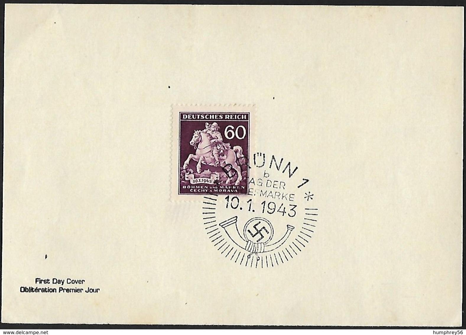 1943 - ​BOHEMIA & MORAVIA - FDC + Michel 113 [Tag Der Briefmarke - Reitender Postbote (18. Jh.)] + BRÜNN - FDC