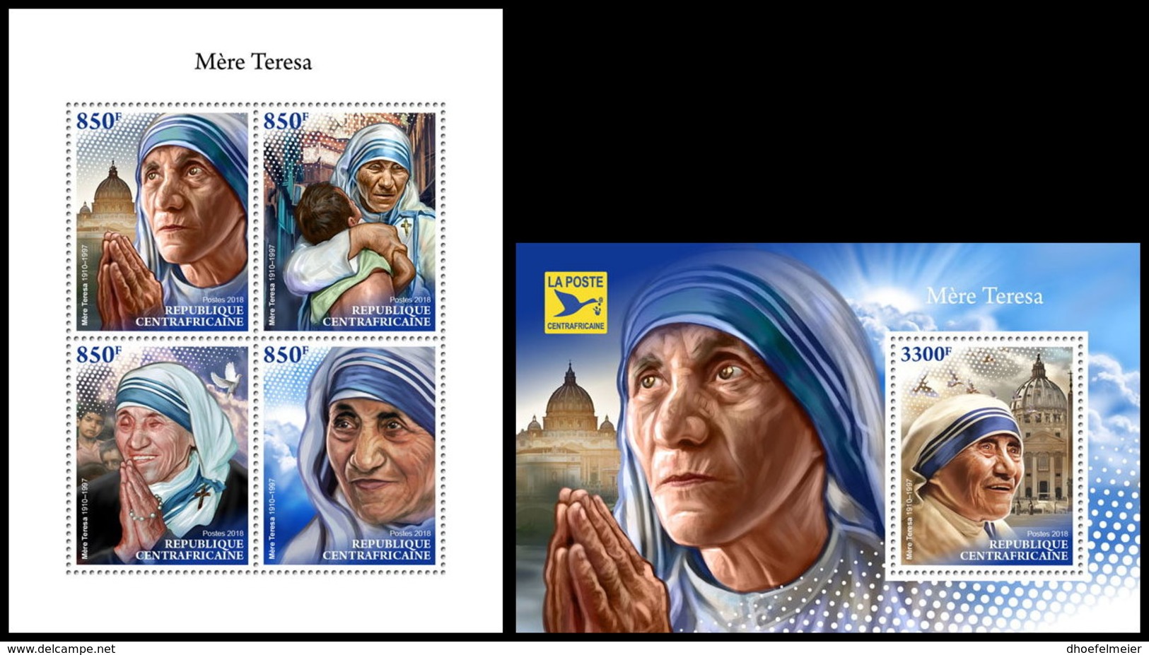 CENTRAL AFRICA 2018 **MNH Mother Teresa Mutter Teresa Mere Teresa M/S+S/S - OFFICIAL ISSUE - DH1845 - Moeder Teresa