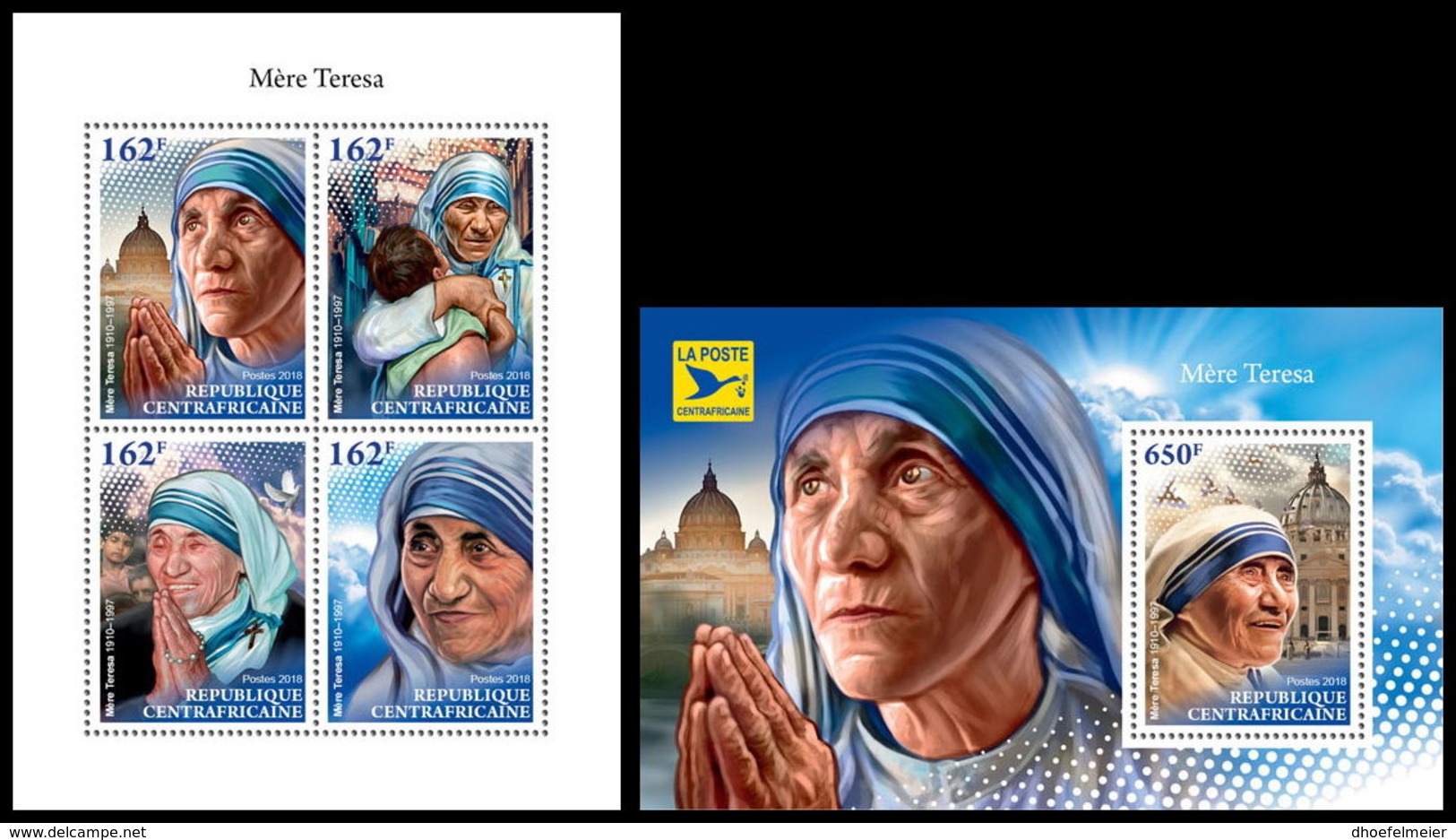 CENTRAL AFRICA 2018 **MNH SMALL Mother Teresa Mutter Teresa Mere Teresa M/S+S/S - OFFICIAL ISSUE - DH1845 - Mère Teresa