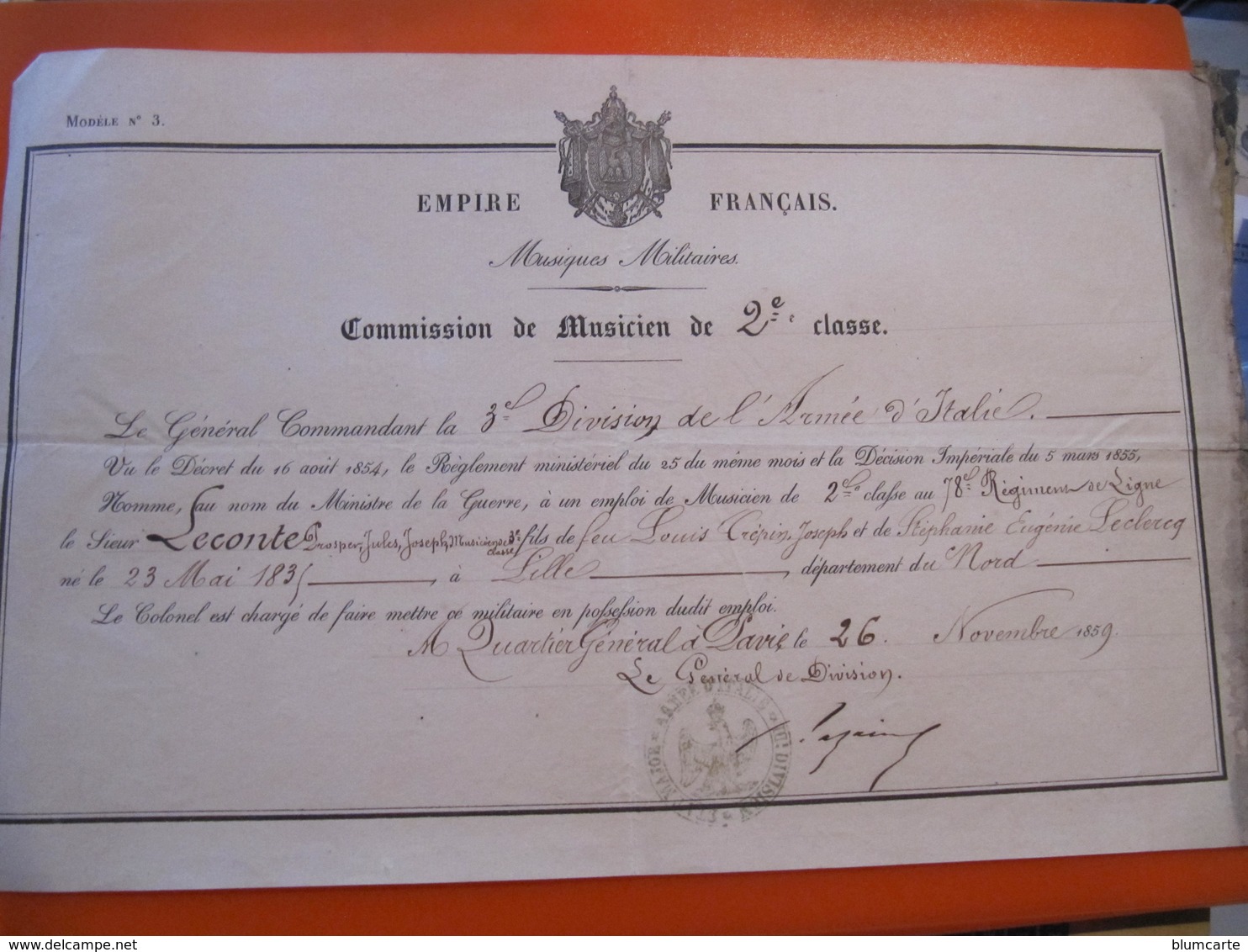 EMPIRE FRANCAIS - COMMISSION DE MUSICIEN DE 2° CLASSE - QUARTIER GENERAL DE PAVIE 1859 - Documenten