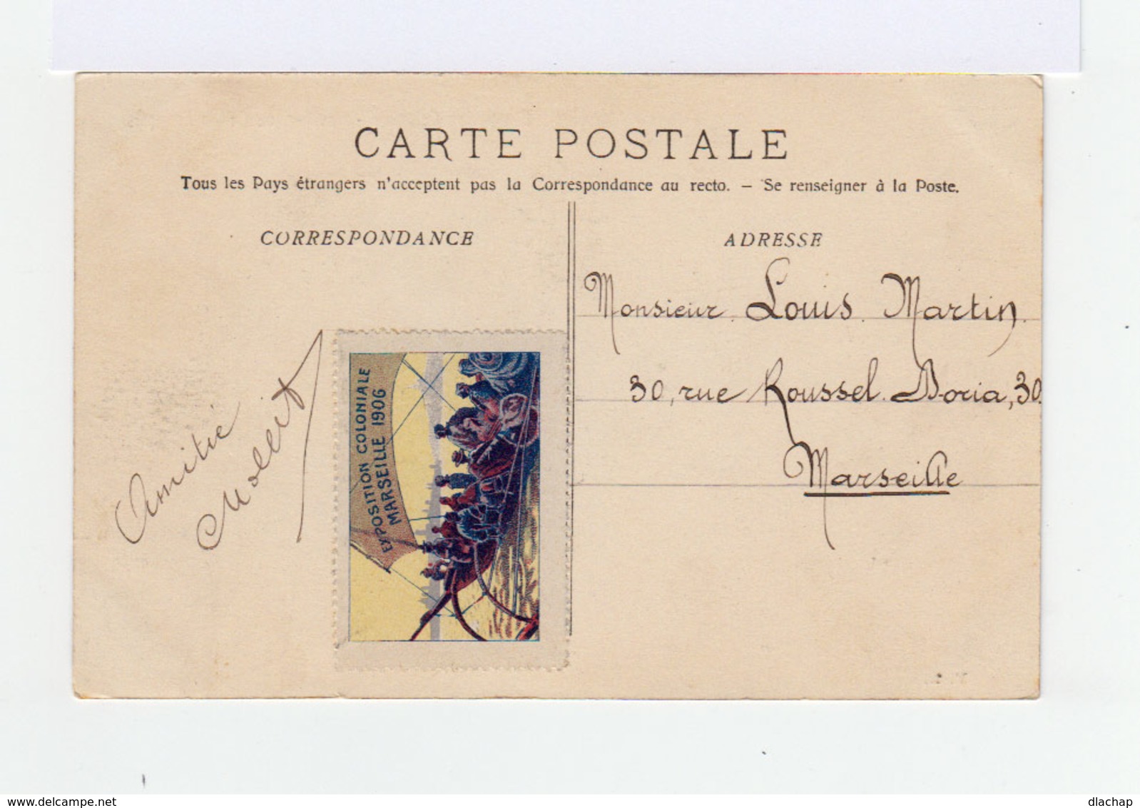 Carte Postale Marseille Vignette Exposition Coloniale. CAD Hexagonal Exposition Coloniale 1906. (872) - Cachets Manuels