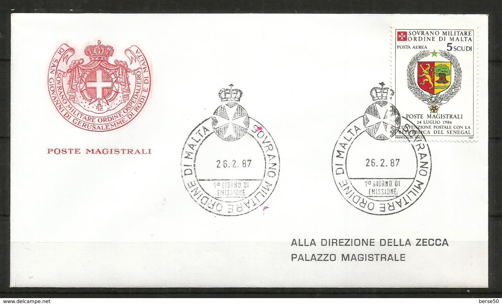 1987 SOVRANO ORDINE DI MALTA SMOM  Senegal PA Fdc Viaggiata, Bellissima - Malte (Ordre De)