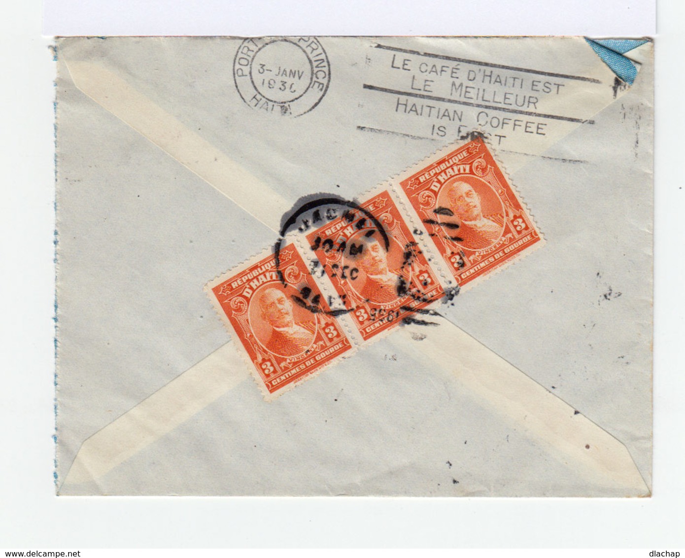 Sur Enveloppe Trois Timbres Haïti 3 C. Orange. CAD Jacmet 1936. CAD Destination Port Au Prince. Publicité Café. (874) - Haiti