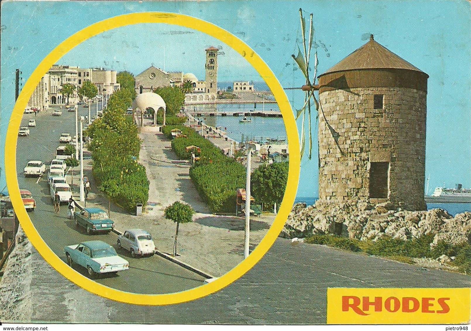 Rodhes, Rodi (Greece, Grecia) Windmill And View, Mulino A Vento E Panorama, Ansichten, Old Cars - Greece