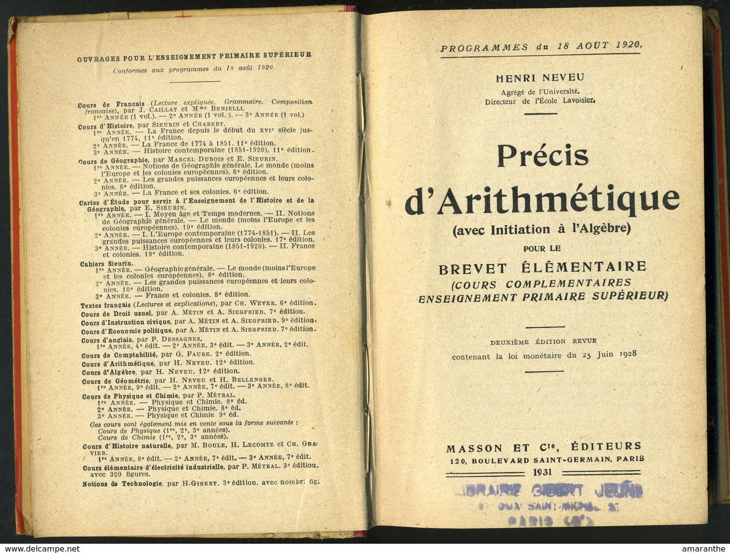 Précis D' ARITHMETIQUE - 1931 - 18 Años Y Más