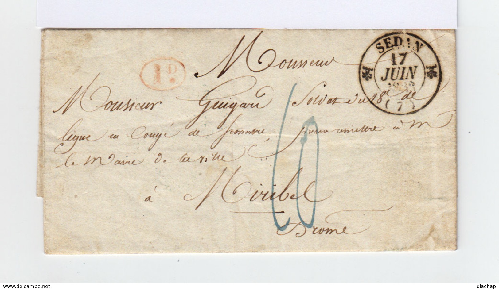 CAD Type 12 Sedan 1833. Taxée. Cachet Rouge I D. CAD Destination Bleu Romans. Avec Correspondance. (877) - 1801-1848: Précurseurs XIX