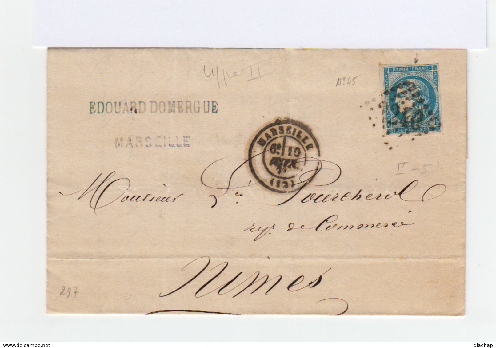 Sur Lettre Avec  Correspondance Type Céres 25 C. Bleu Type II R.2. CAD Marseille. (878) - 1849-1876: Période Classique