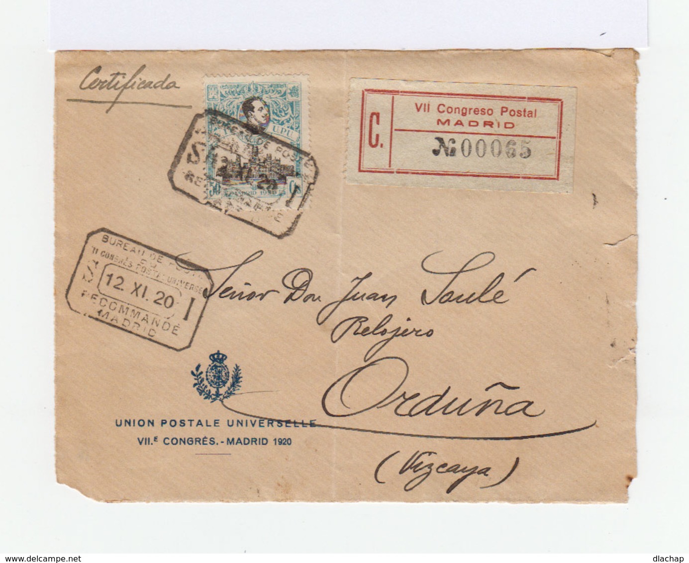 Sur Enveloppe Effigie Alphonse XIII 50 C. Bleu 7ème Congrés UPU CAD Rectangulaire Recommandé 1920. (880) - Macchine Per Obliterare (EMA)