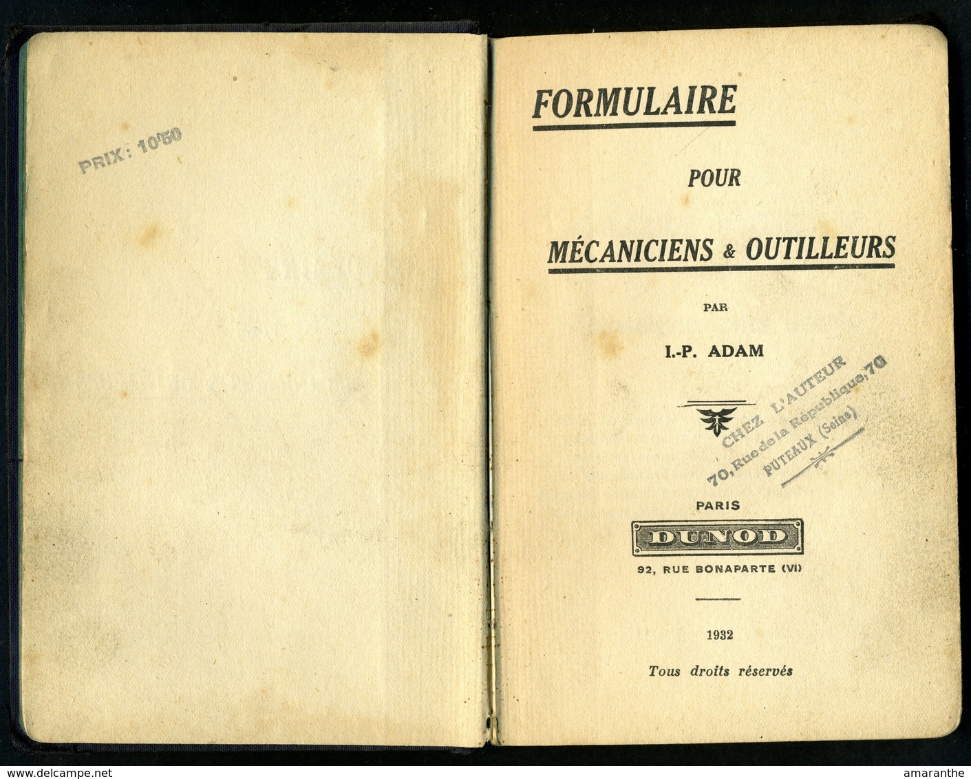 Formulaire Pour Mécaniciens Et Outilleurs - 1932 - 18 Ans Et Plus