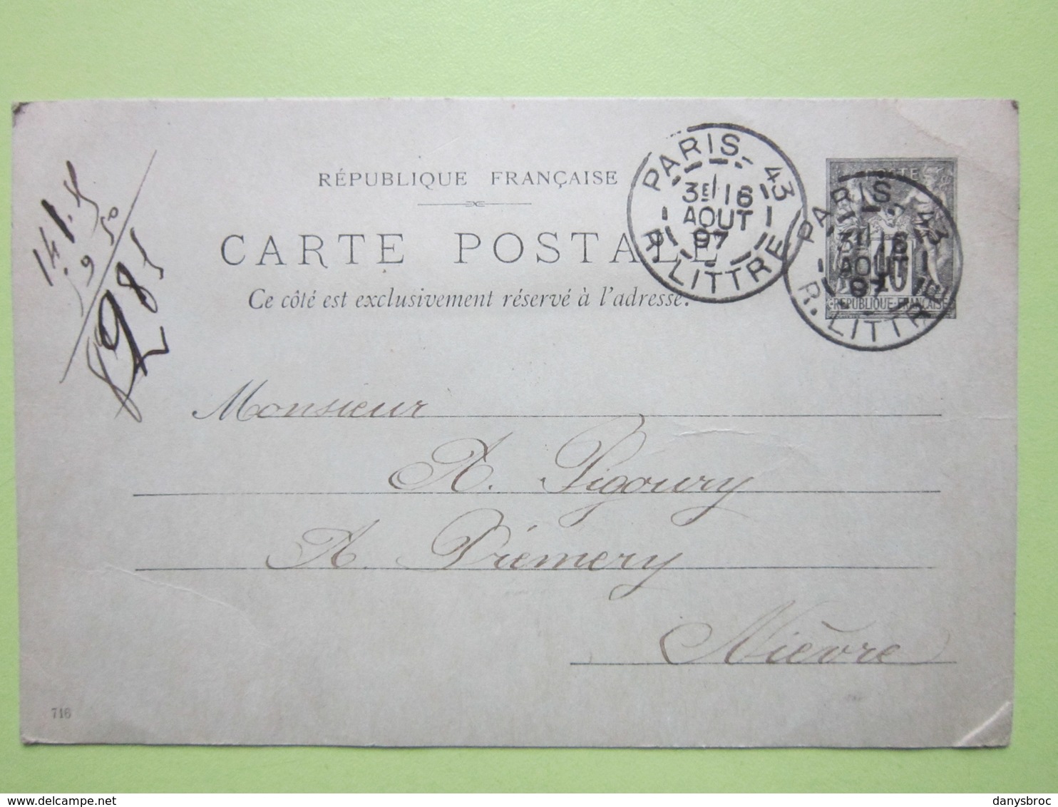 Carte Postale écrite à PARIS MONTPARNASSE Le 16 Août 1897 Oblitérée PARIS & PREMERY (58) - Entier Type Sage Noir 10c - Cartes Postales Types Et TSC (avant 1995)