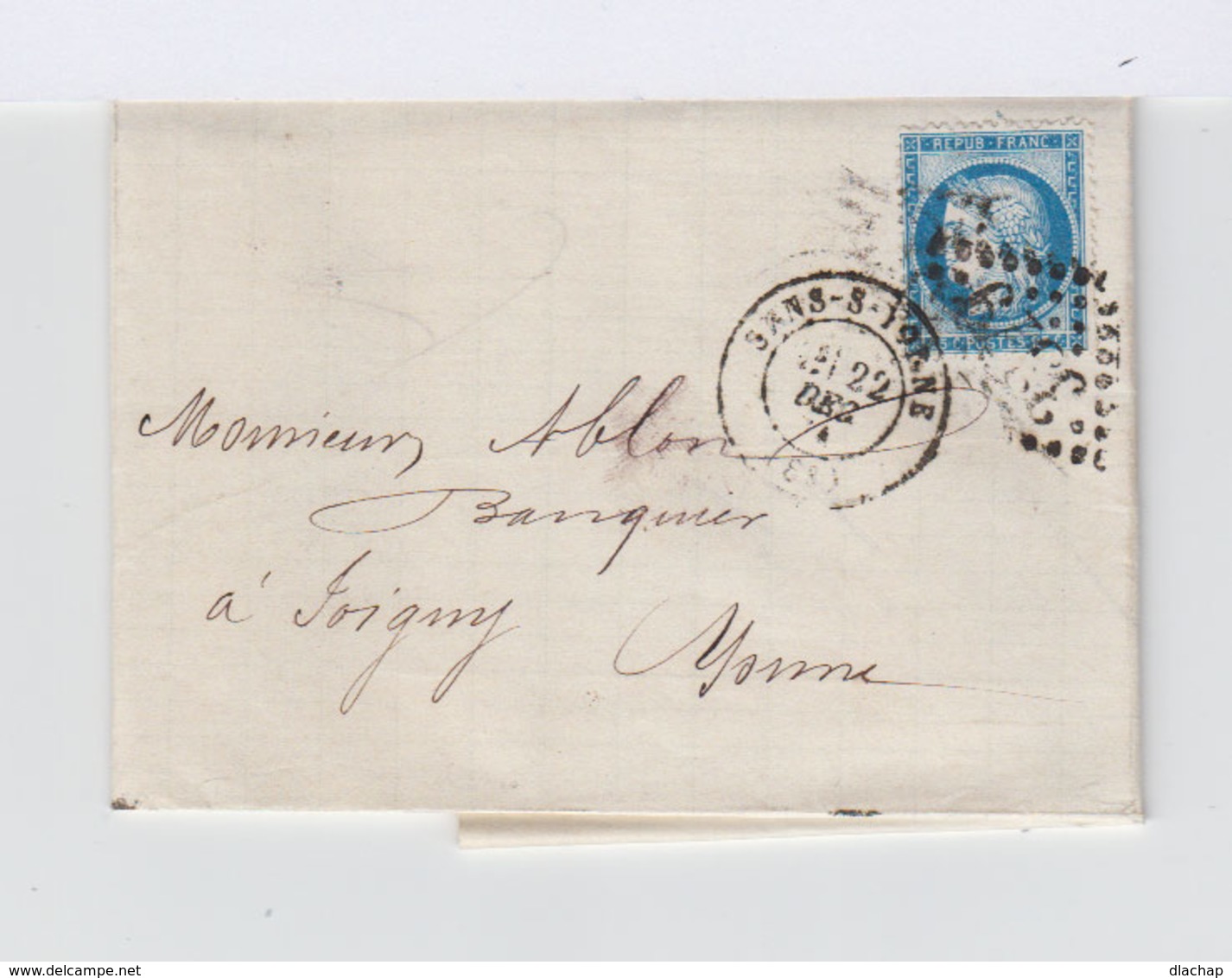 Sur Lettre Type Céres 25 C. Bleu Type III Oblitéré Losange. CAD Sens Sur Yonne 1874. CAD Joigny. (881) - 1849-1876: Période Classique