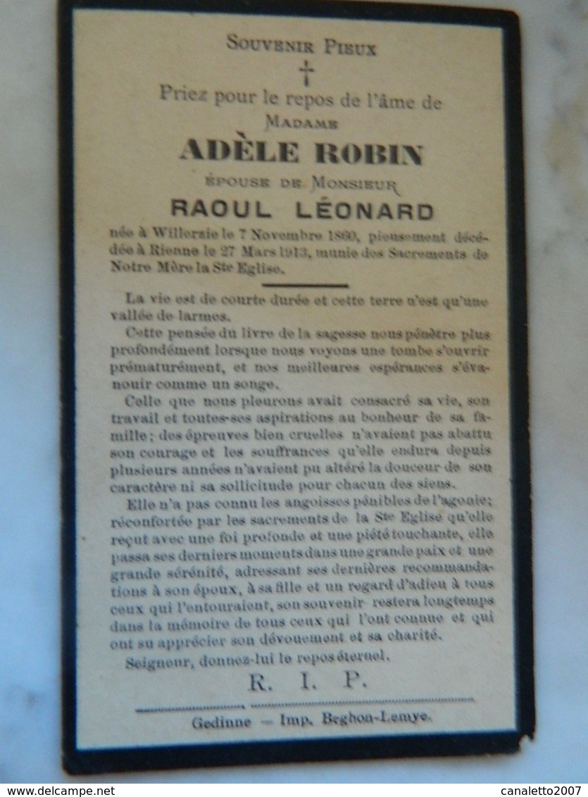 WILLERZIE +RIENNE:SOUVENIR DE DECE DE ADELE ROBIN EPOUSE RAOUL LEONARD 1860-1913 - Devotieprenten