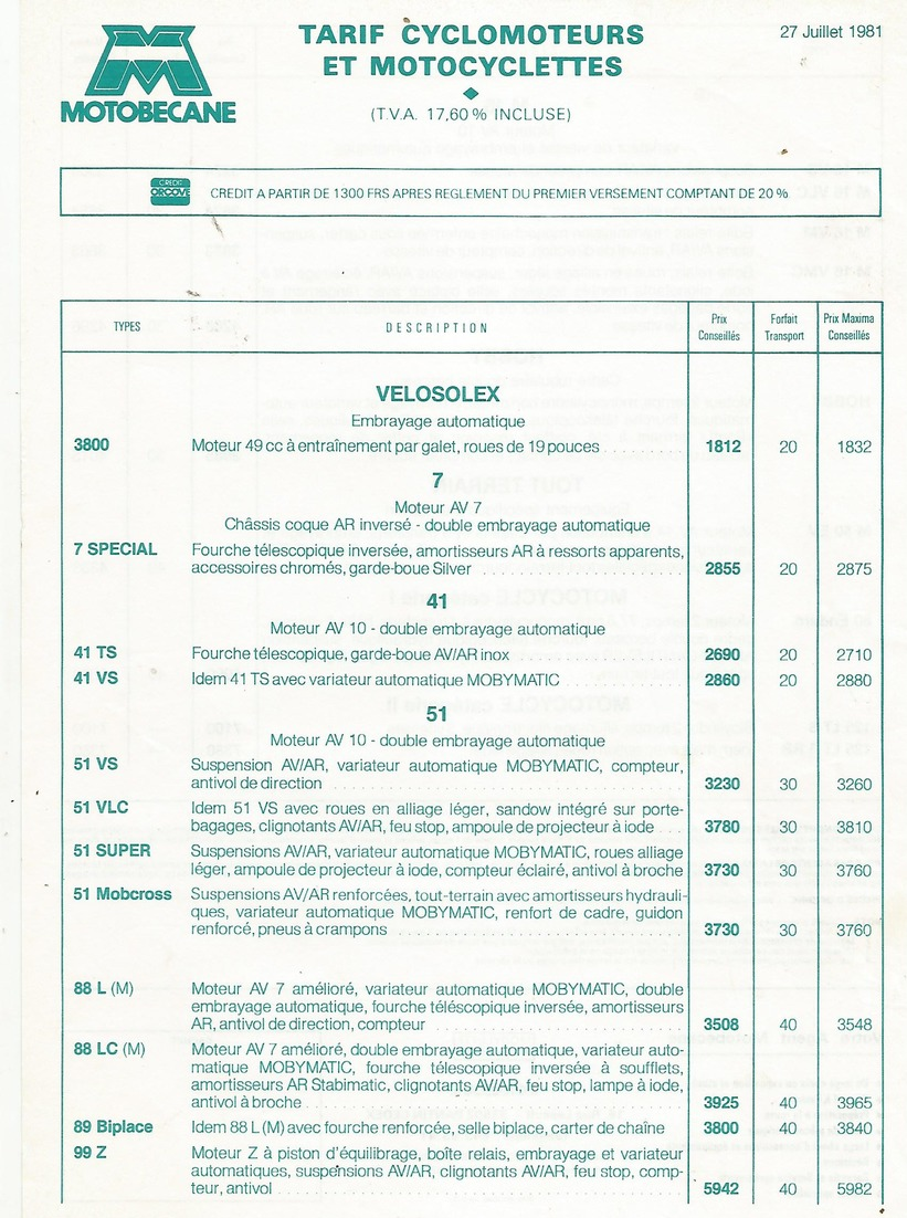 Doc Format A4 Tarifs Cyclomoteurs Velosolex 27 07 1981 - Autres & Non Classés