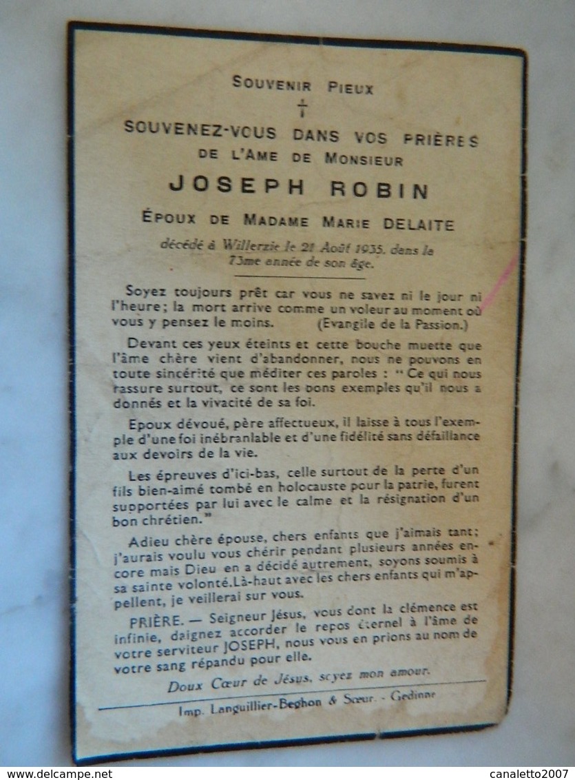 WILLERZIE :SOUVENIR DE DECE DE JOSEPH  ROBIN EPOUX MARIE DELAITE 1862-1935 - Images Religieuses