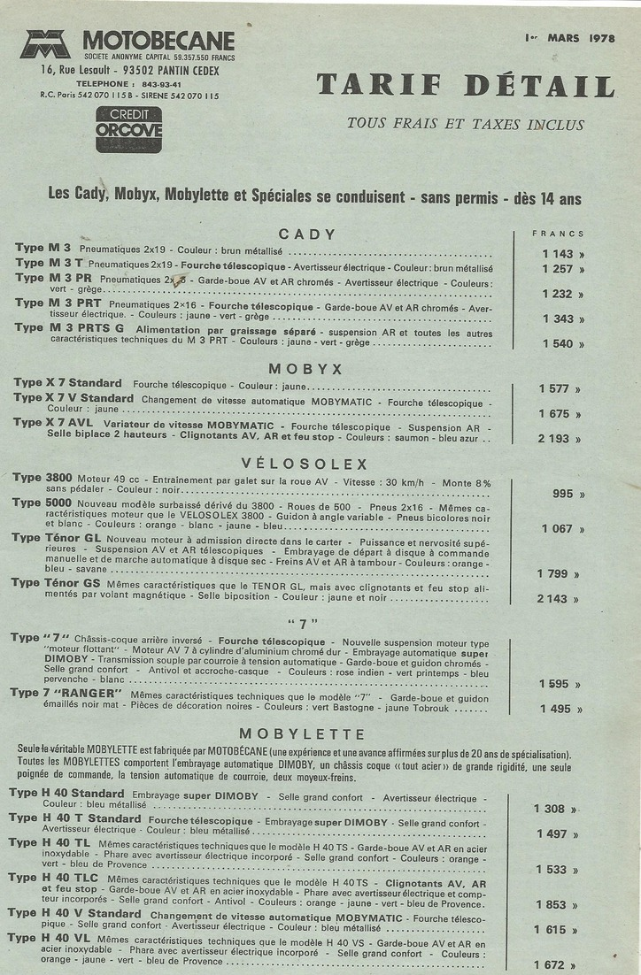 Doc Format A4 Tarifs Motobecane Cyclomoteurs Velosolex  01.03.1978 - Autres & Non Classés