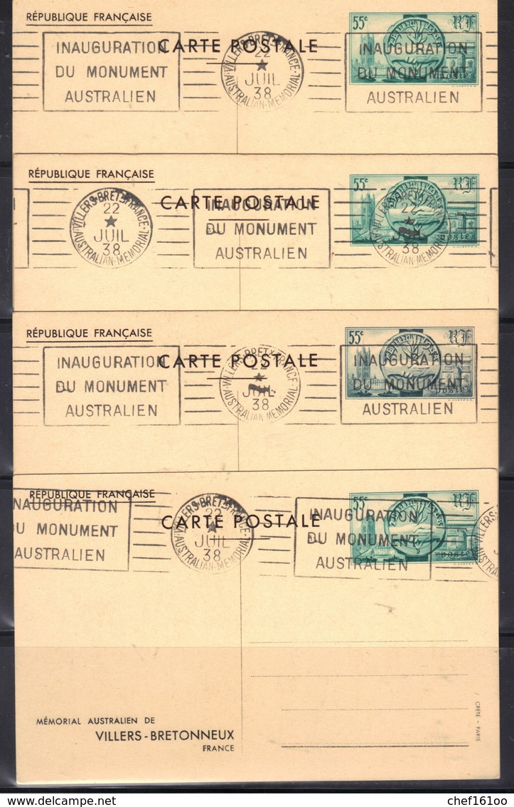 Inauguration Du Mémorial Australien 1938 : 4 Entiers Avec Vues Différentes. - Cartes Postales Types Et TSC (avant 1995)