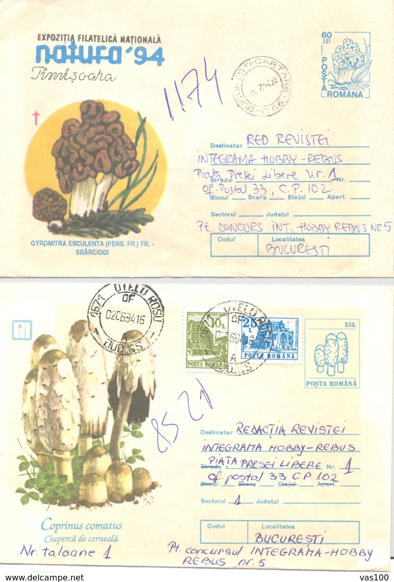 MUSHROOMS, COVER STATIONERY, ENTIER POSTAL, 3X, 1994, ROMANIA - Mushrooms