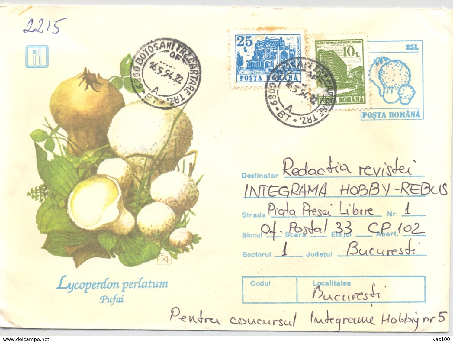 MUSHROOMS, COVER STATIONERY, ENTIER POSTAL, 3X, 1994, ROMANIA - Mushrooms