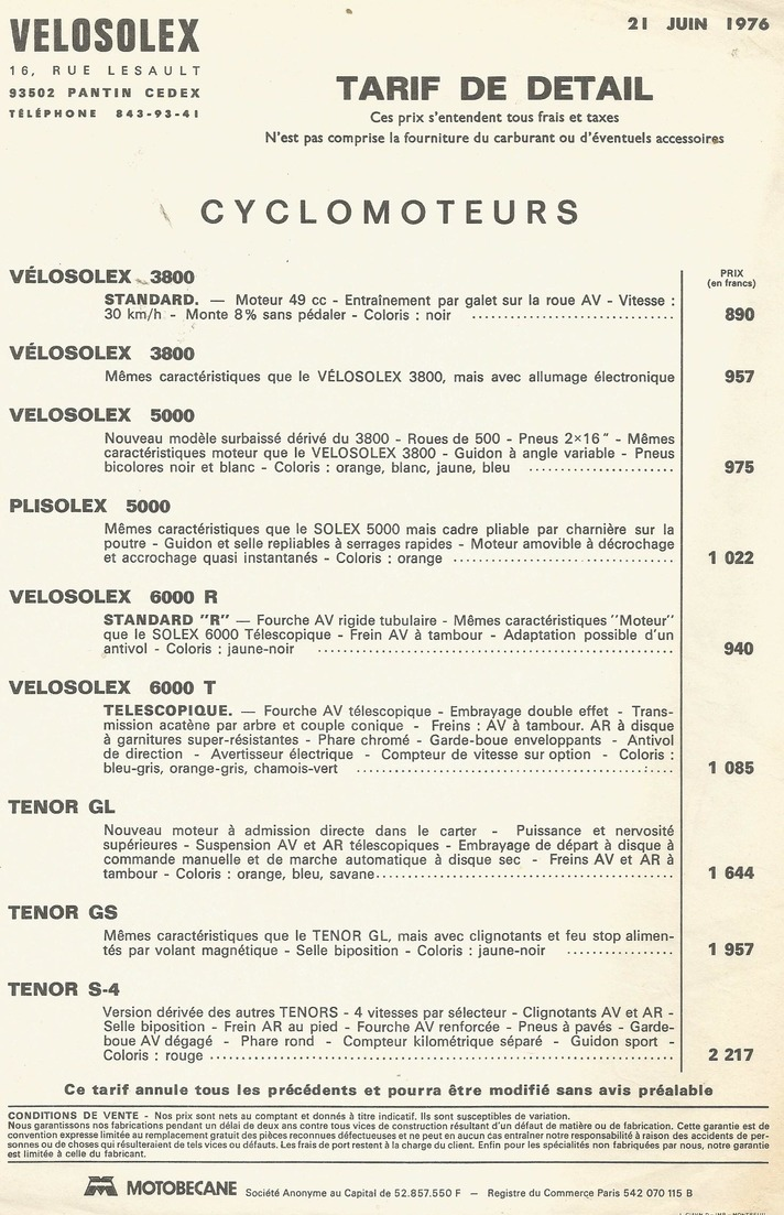 Doc Format A4 Tarif  Cyclomoteurs Velosolex  21.06.1976 - Autres & Non Classés