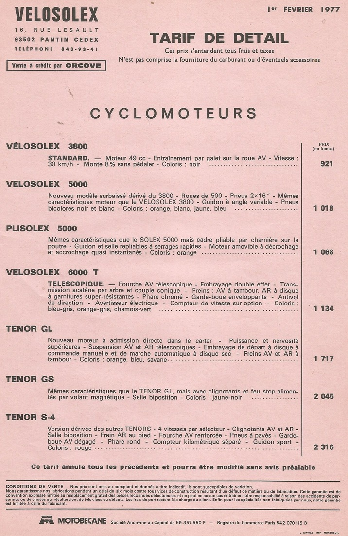 Doc Format A4 Tarif  Cyclomoteurs Velosolex  01.02.1977 - Autres & Non Classés