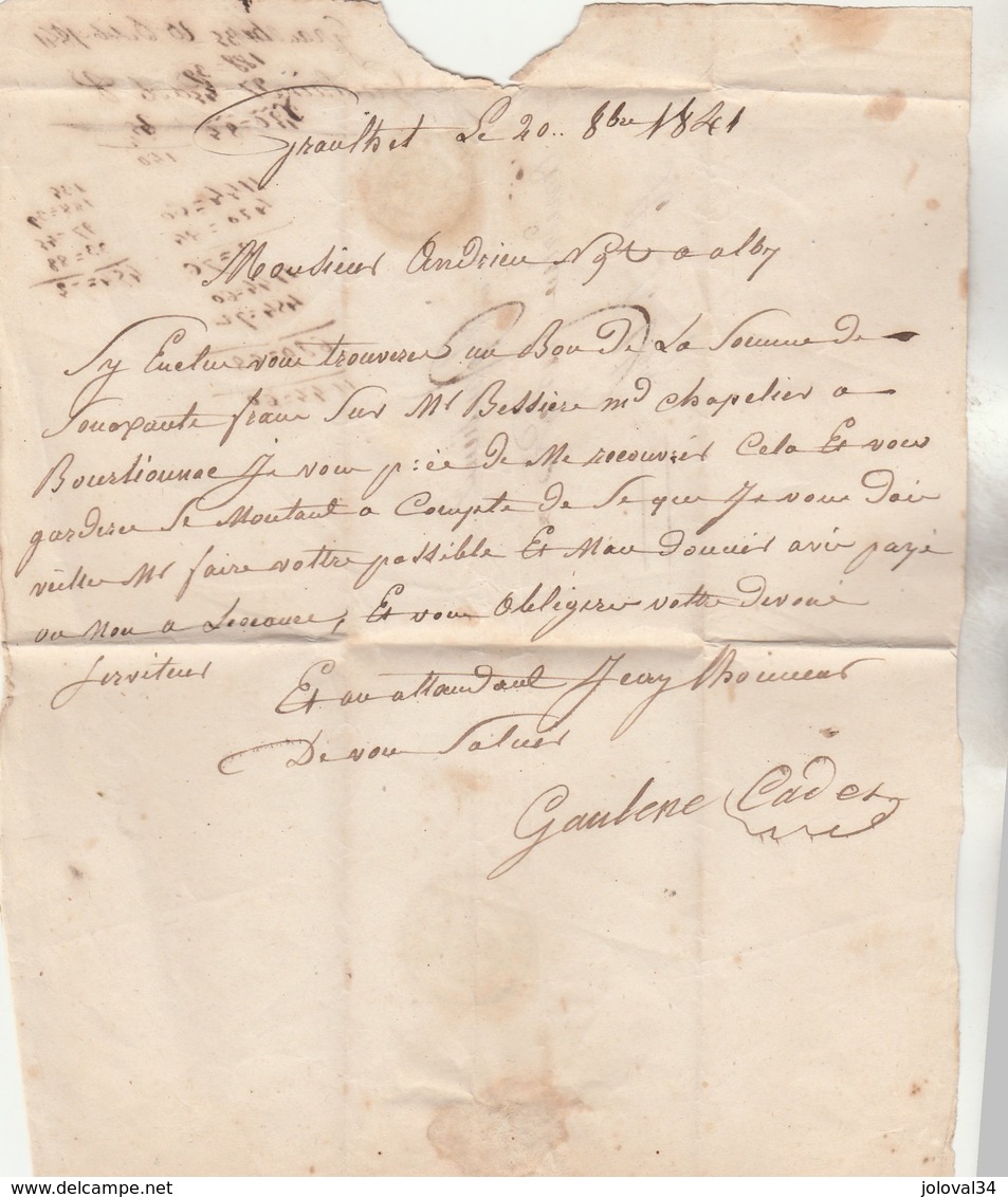 Lettre Cachet Graulhet Tarn 22/10/1841 Taxe Manuscrite Pour Albi - 1801-1848: Vorläufer XIX