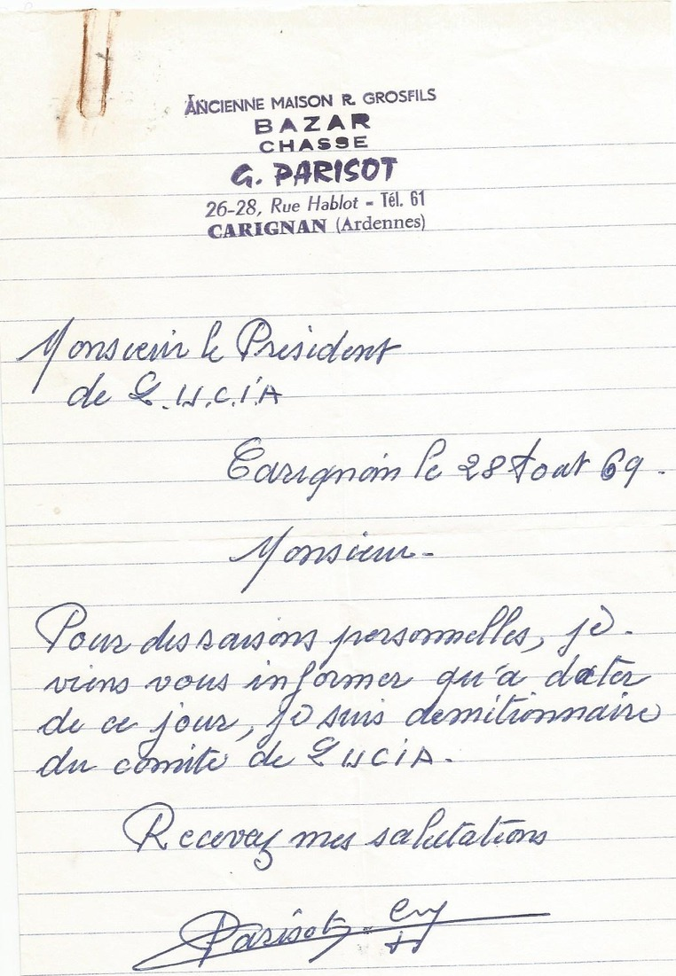 Doc  Facture  Ancienne Maison Grosfils  Bazar Chasse G.parizot  Carignan  08;1969 - Autres & Non Classés