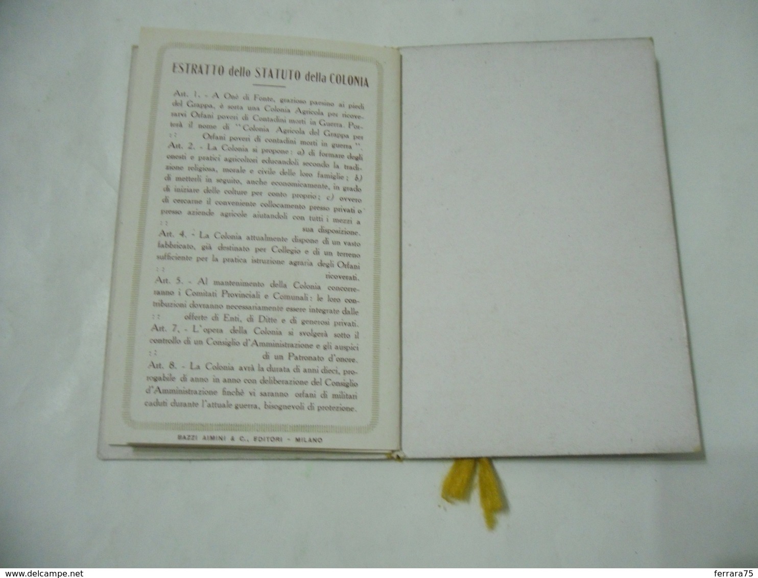 ONè DI FONTE TREVISO ALMANACCO COLONIA AGRICOLA DEL GRAPPA PER ORFANI DI CADUTI IN GUERRA 1920