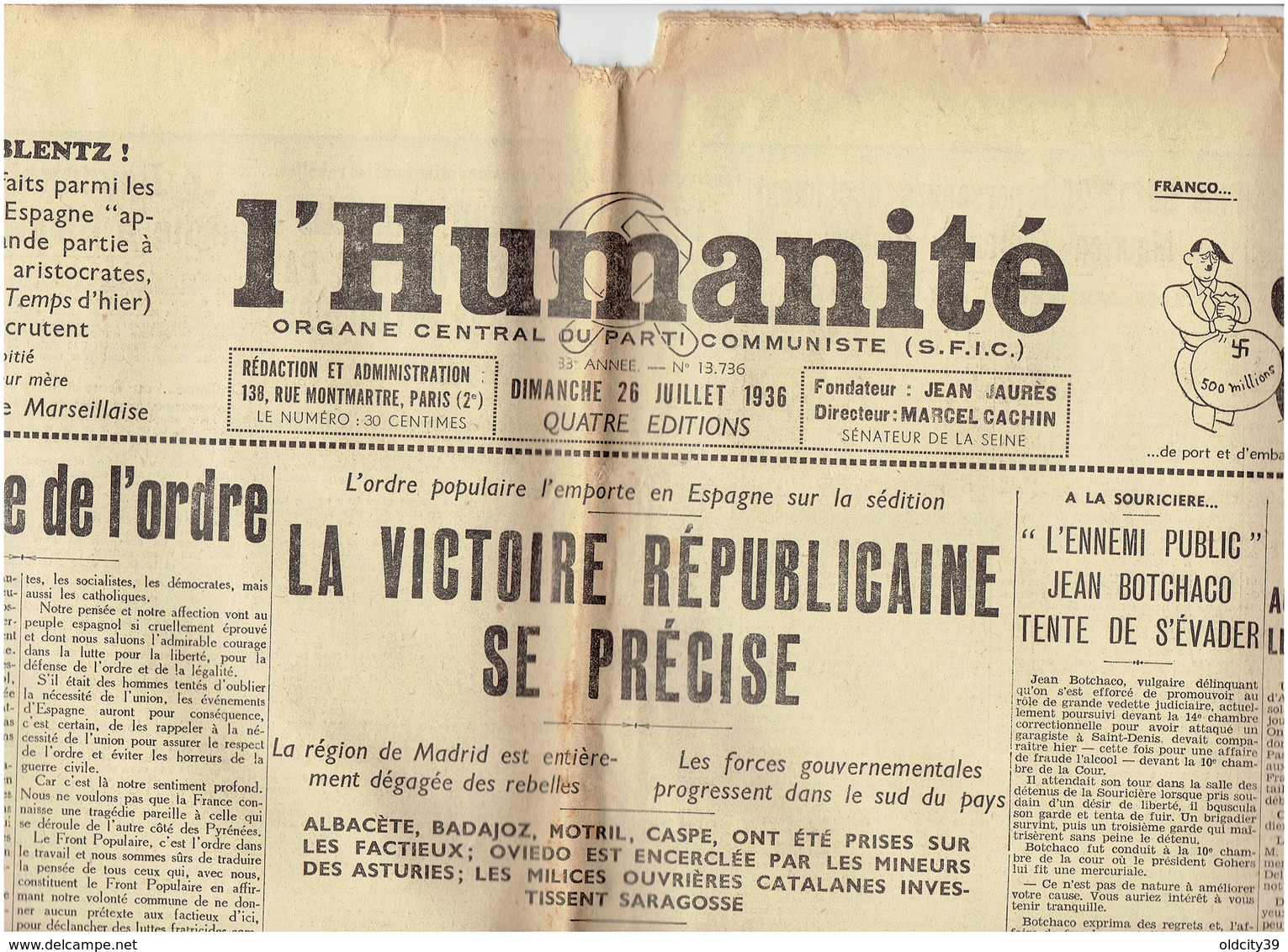 L'HUMANITE ( Parti Communiste ) Guerre D'Espagne Du 26 Juillet 1936 - Sonstige & Ohne Zuordnung