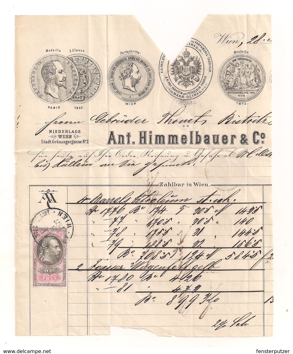 Teil Einer Rechnung Aus 1877 Mit Aufgeklebter Stempelmarke Und Briefmarke - Oostenrijk