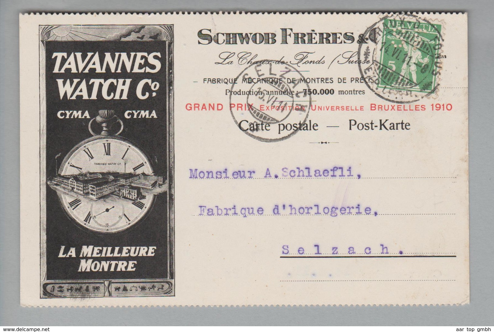 Motiv Uhren 1911-06-14 Chaux-de-Fonds Perfin Auf Illustr. Postkarte #S035 "SF" Nach Selzach - Horlogerie
