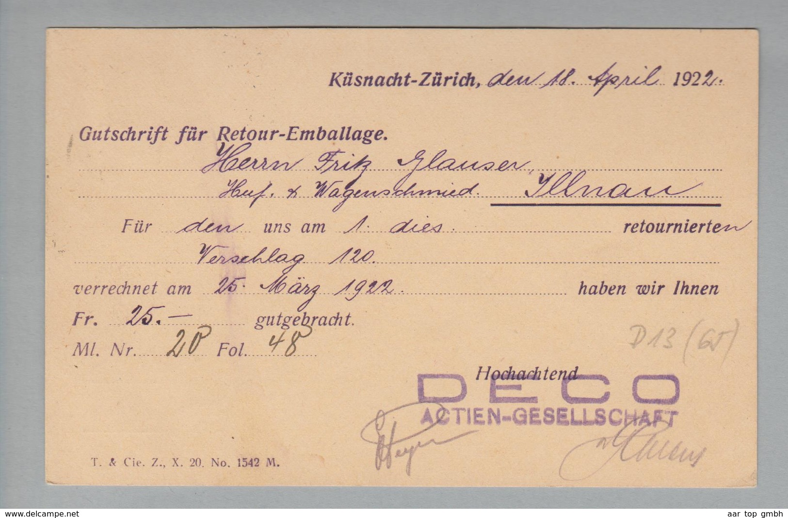 Schweiz 1922-04-21 Küsnacht Perfin Auf Postkarte #D013 "DECA" - Lettres & Documents