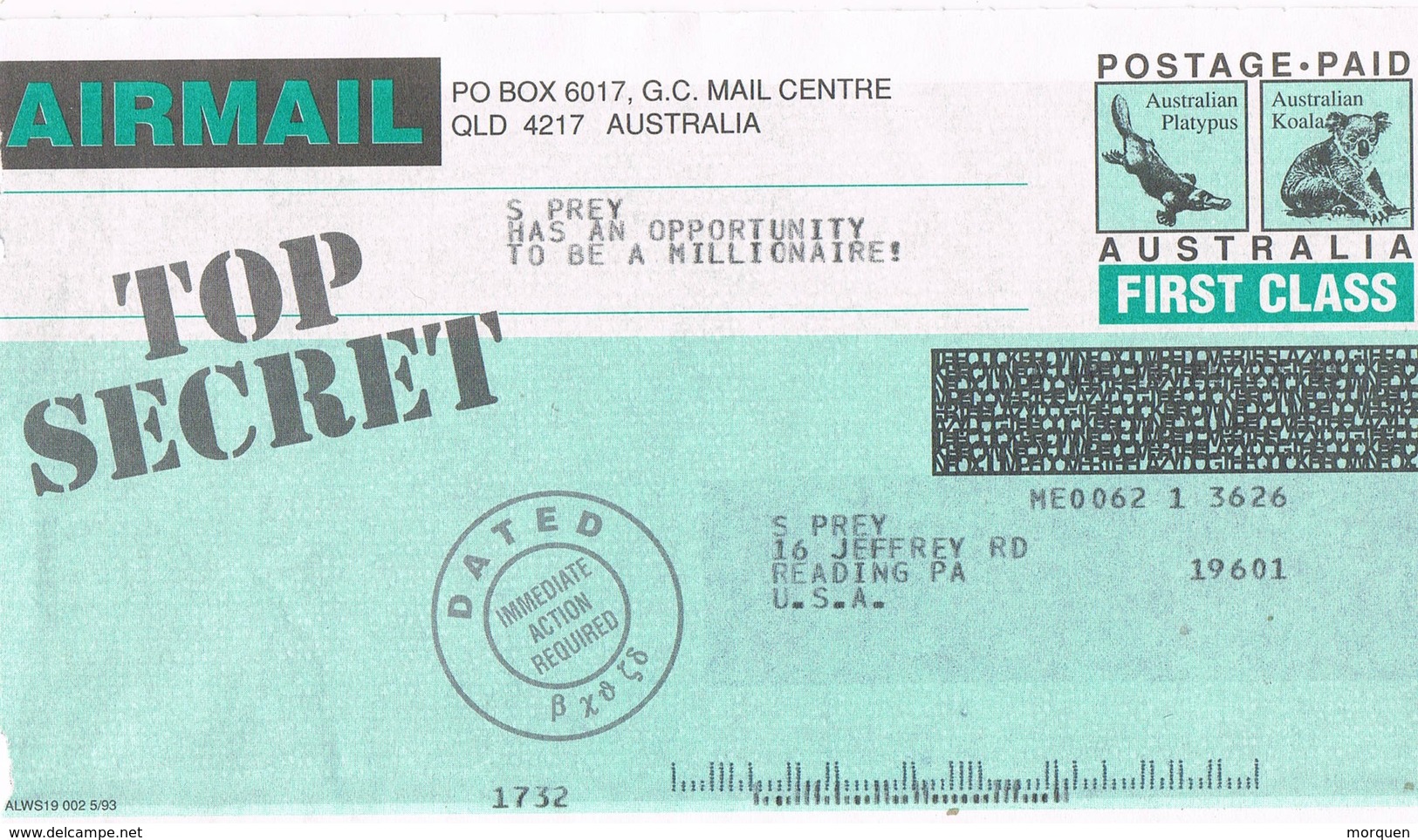 30530. Resguardo Postage PAID AUSTRALIA, Koala And Platypus - Enteros Postales