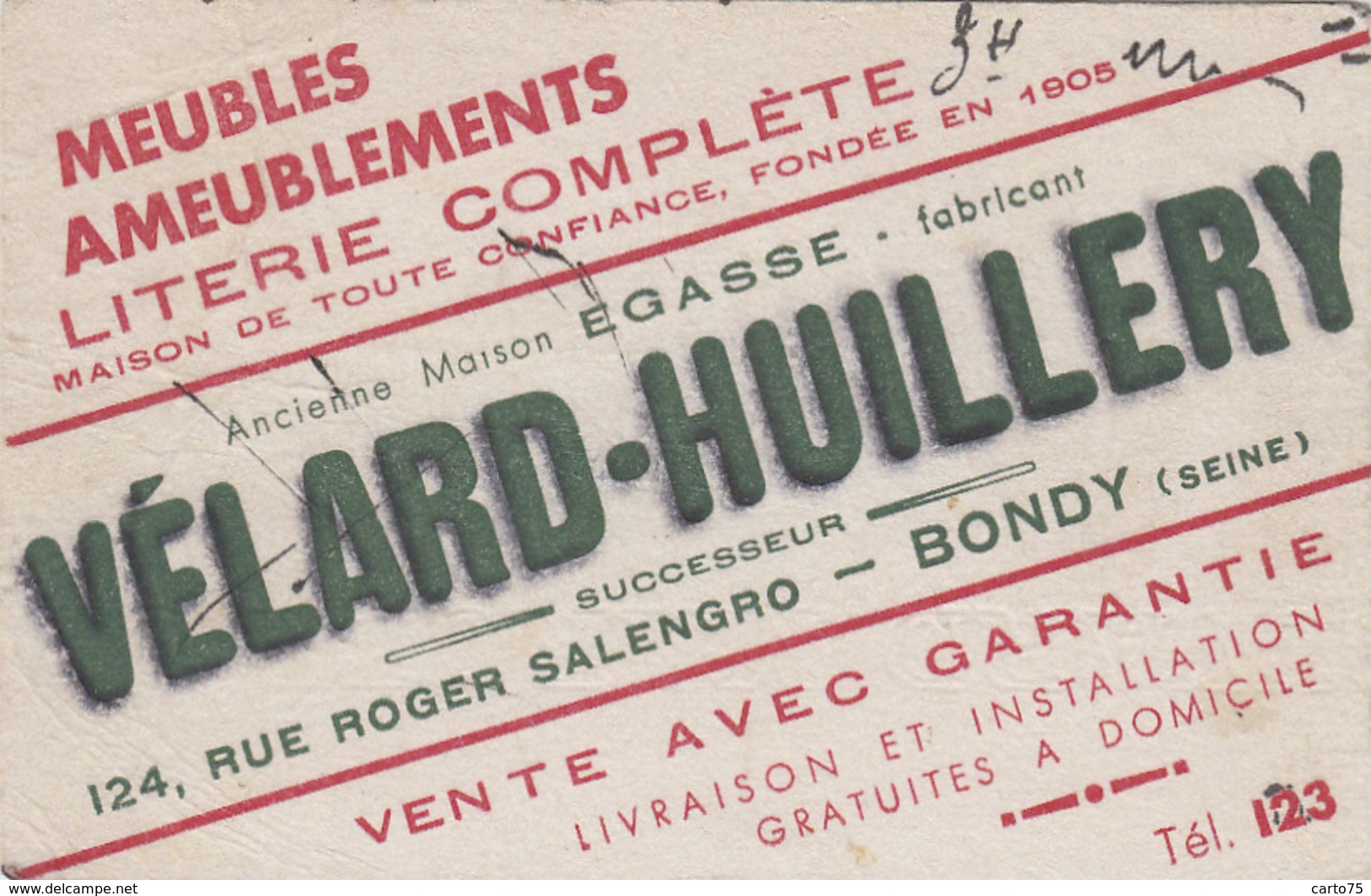 Vieux-Papiers - Buvards - Buvard Maison Vélard-Huillery Fabricant Meubles 124 Rue Salengro Bondy 93 - M