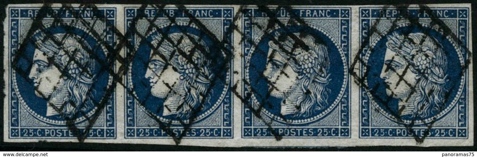 Oblit. N°4 25c Bleu, Bande De 4 Obl Grille - TB - 1849-1850 Cérès