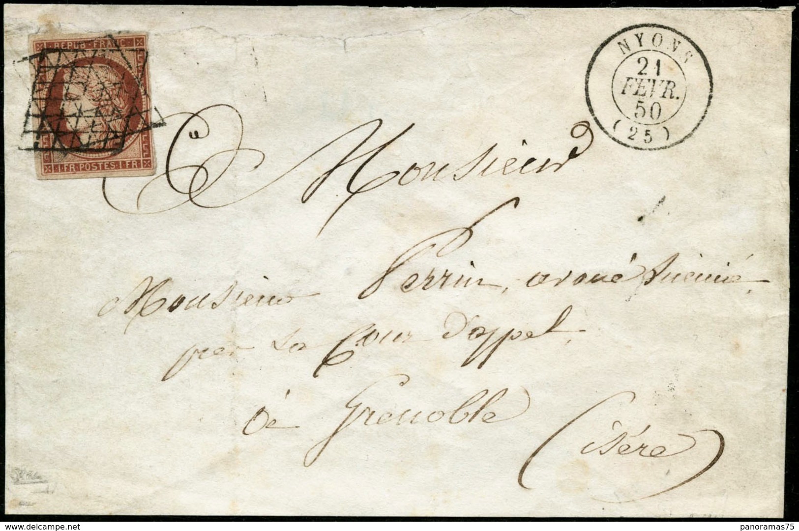 Lettre N°7 1F Vermillon, Obl Grille S/lettre Nyon 21/2/50 Cachet D'arrivée Au Verso  Grenoble 22/2/50, Petite Fente Vert - 1849-1850 Cérès