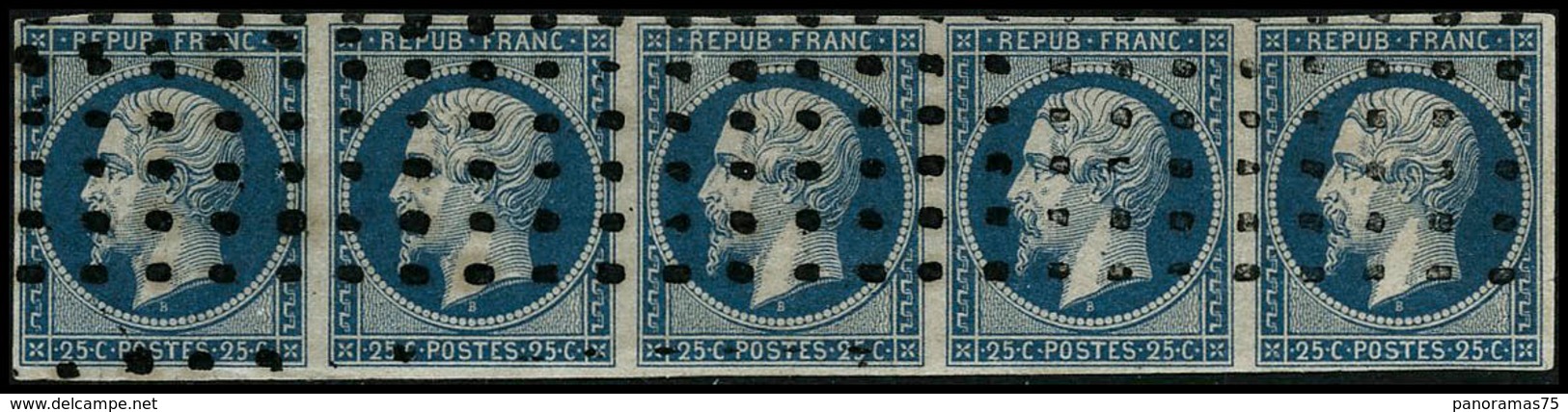 Oblit. N°10 25c Bleu, Bande De 5, Obl Gros Points, Pelurage Sur 3ème Timbre Et Froissure D'angle Sur 5è Aspect TB - 1852 Louis-Napoleon