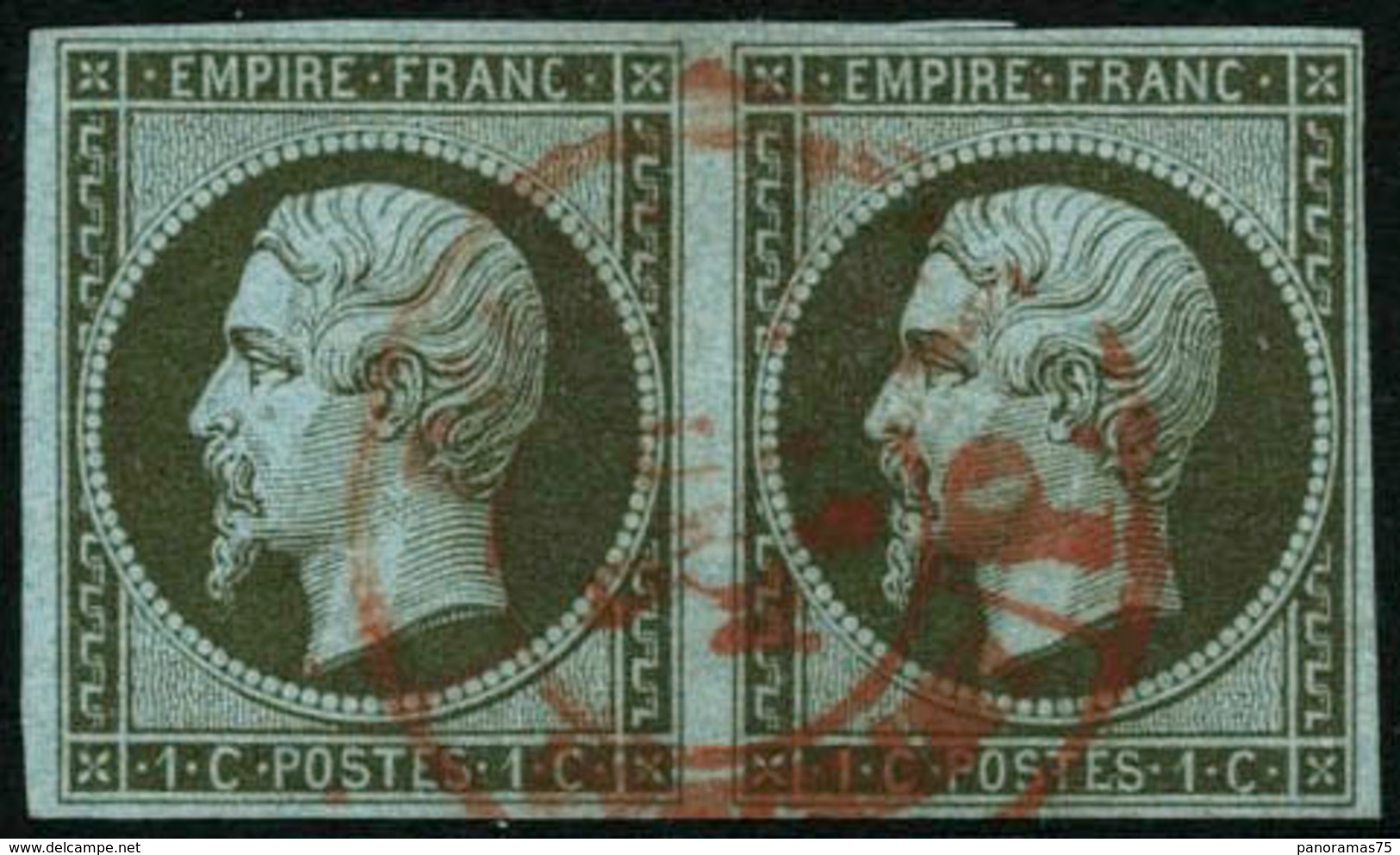 Oblit. N°11 1c Olive Paire, Obl CàD Rouge Des Imprimés - TB - 1853-1860 Napoleon III