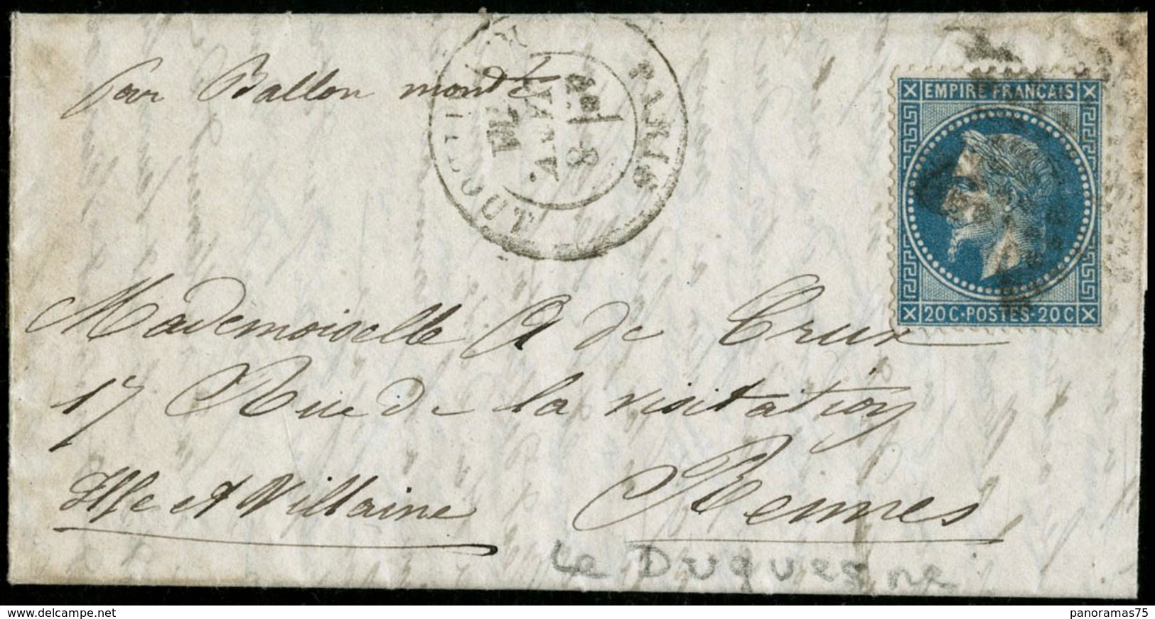 Lettre N°29 Ballon Monté "le Duquesne" Du 8 Janvier, Arrivé à Rennes - TB - 1863-1870 Napoleon III Gelauwerd