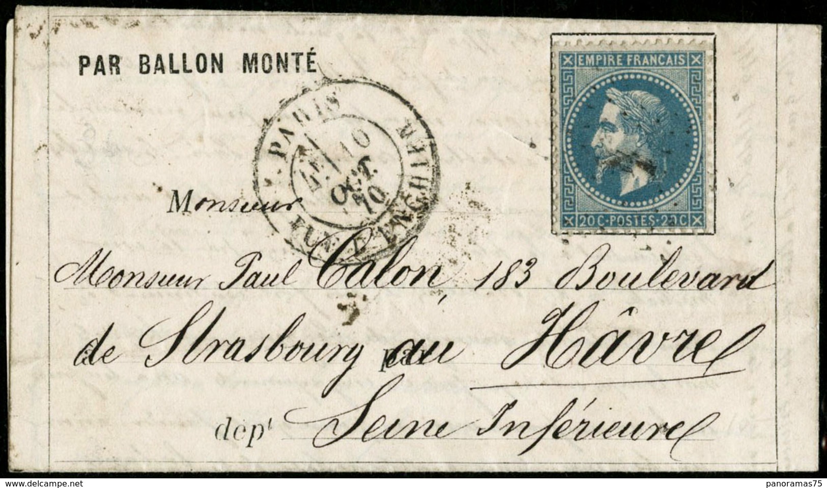 Lettre N°29 Ballon Monté "le Washington" Du 10/10/70,arrivé Au Havre Le 18 Octobre - TB - 1863-1870 Napoleon III Gelauwerd