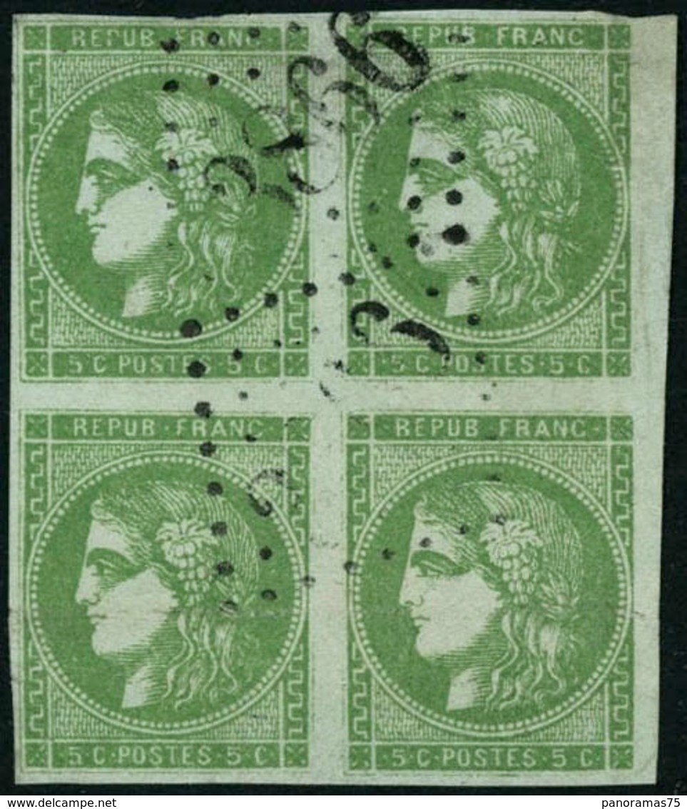 Oblit. N°42B 5c Vert-jaune, R2 Bloc De 4, Infime Trou D'éppingle Sur 1 Ex Sinon TB - 1870 Uitgave Van Bordeaux