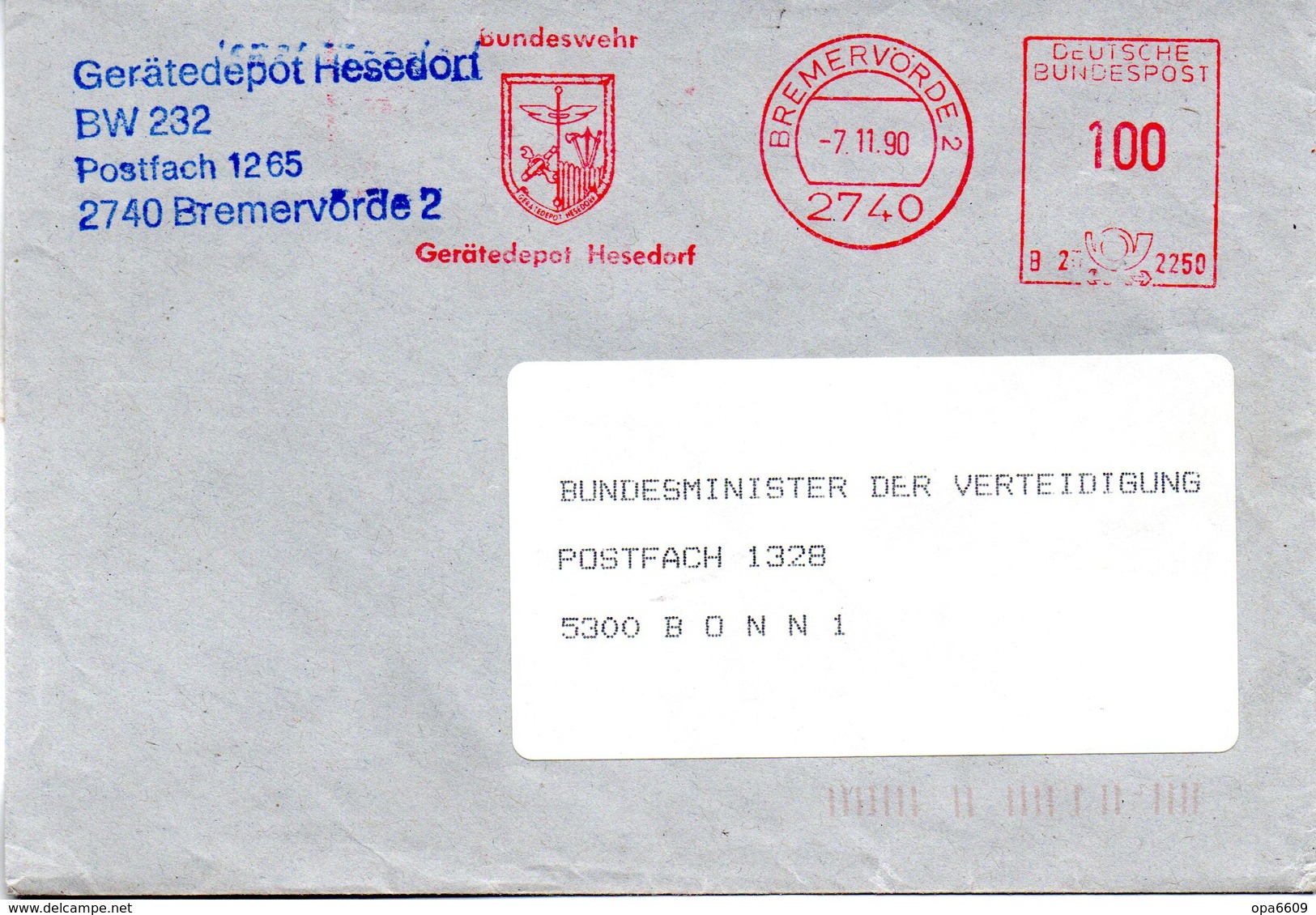 (FC-11) BRD AFS "BUNDESWEHR Gerätedepot Hesedorf" DEUTSCHE BUNDESPOST 100(Pf)  7.11.1990 BREMERVÖRDE 1 - Maschinenstempel (EMA)