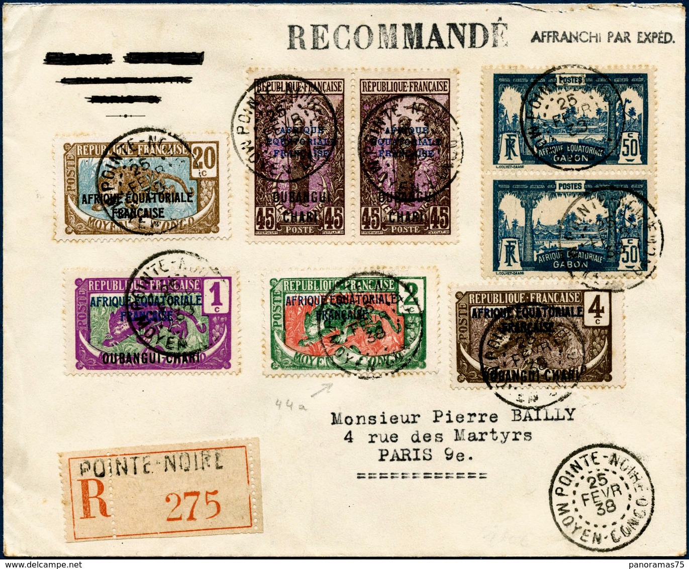 Lettre Mixte Recommandé, Congo 78,  Gabon 87X 2, Oubangui 43,44a,45,55X2 De Pointe Noire Pour Paris Du 25/02/38, 2c Vert - Sonstige & Ohne Zuordnung