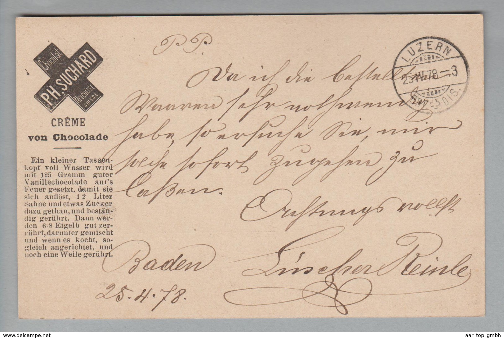 Schweiz Ganzsache 1878-04-25 Baden Mit Privatzudruck PH.Suchard - Stamped Stationery