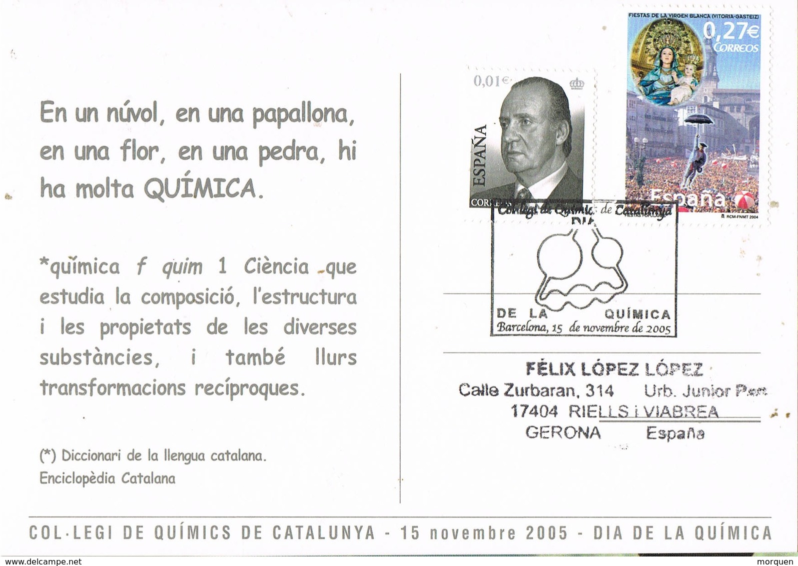 30536. Postal BARCELONA 2005. Colegio Quimicos. Dia De La QUIMICA. - Cartas & Documentos