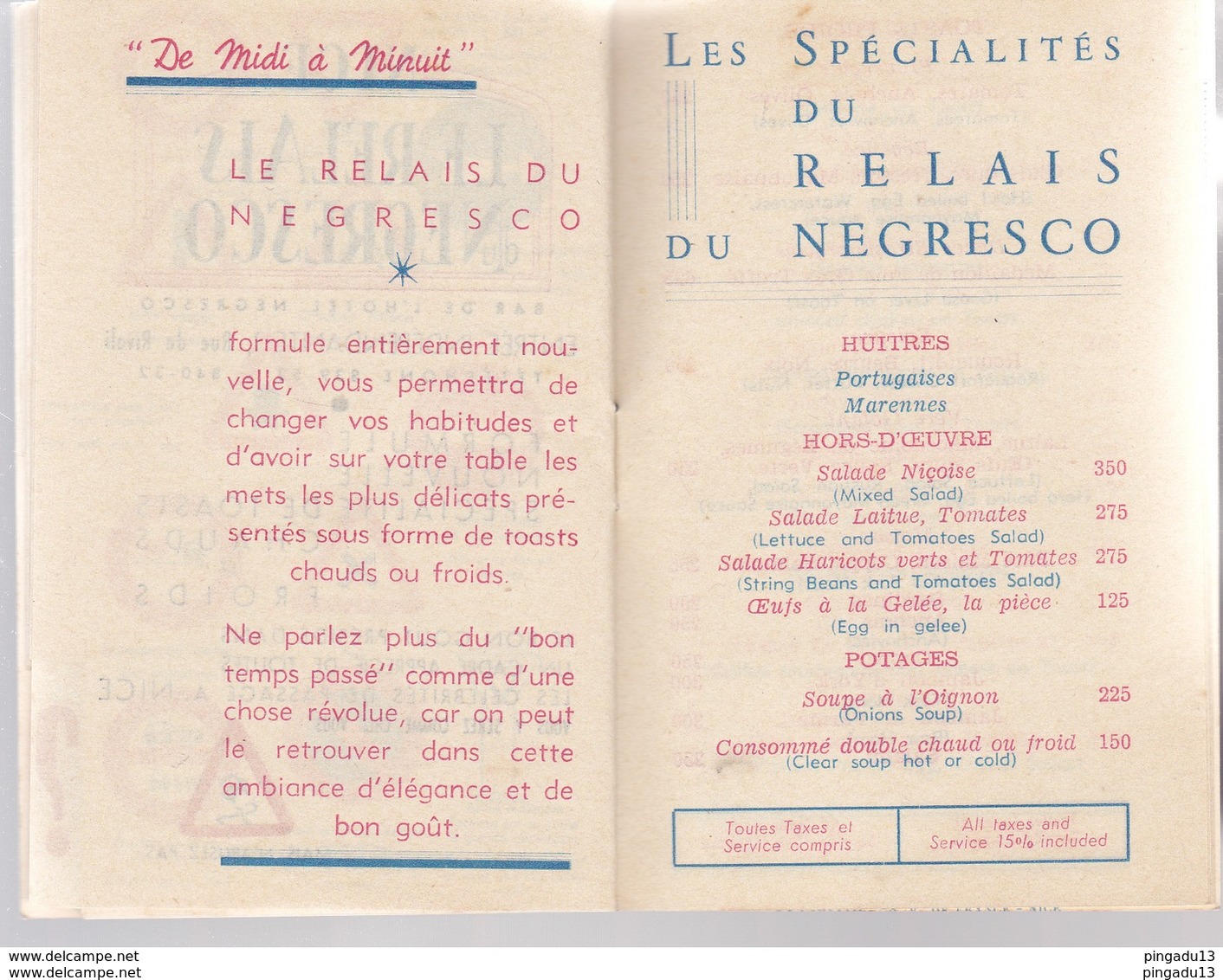 Au Plus Rapide Agenda Publicitaire Hôtel Relais Du Négresco Année 1954 Nice Excellent état - Autres & Non Classés