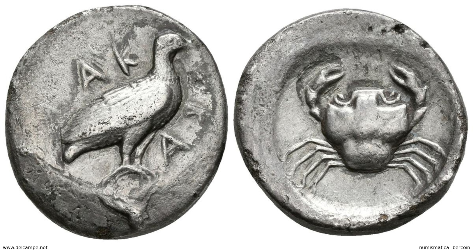 AGRIGENTUM. Didracma. 485 A.C. Sicilia. A/ AK-RA Alrededor De águila En Pie A Derecha Con Las Alas Cerradas. R/ Cangrejo - Greche